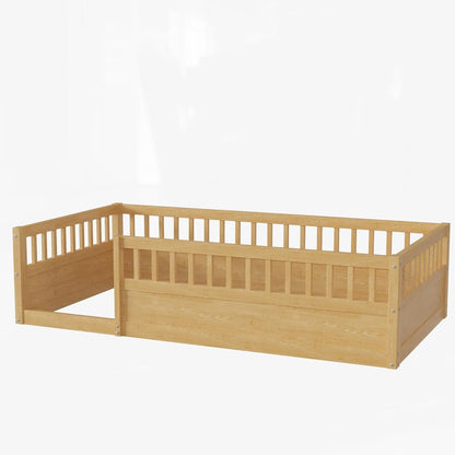 Twin Montessori Floor Bed With High Safety Rails Natural