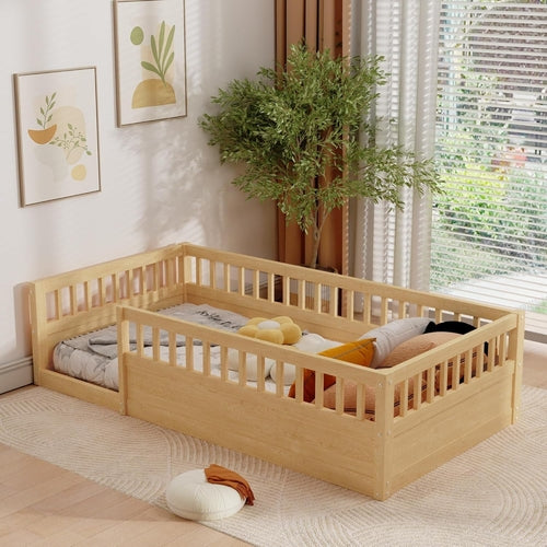 Twin Montessori Floor Bed With High Safety Rails Natural