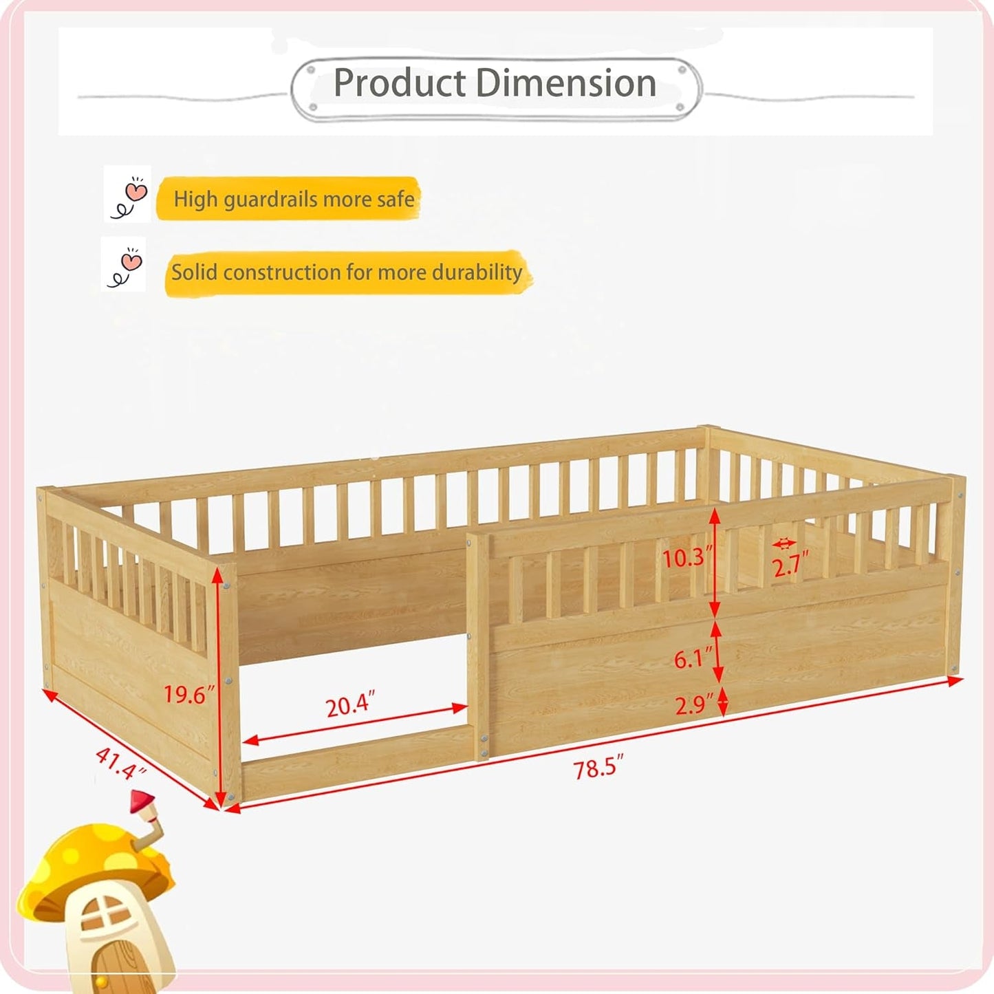 Twin Montessori Floor Bed With High Safety Rails Natural