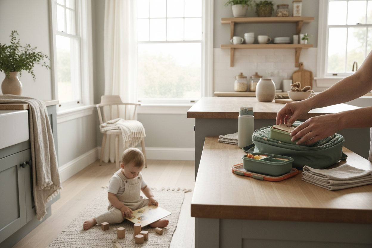 A bright, calm family home interior in the morning, natural light coming through large windows. A parent gently preparing a child’s backpack and lunch container on a clean kitchen counter while a toddler plays nearby. The space feels organized but lived-in, with neutral colors, soft textures, light wood, and minimal clutter. No faces clearly visible. Focus on hands, objects, and daily routines. Modern, warm, commercial lifestyle photography style. Clean, aspirational but realistic. Designed for an ecommerce