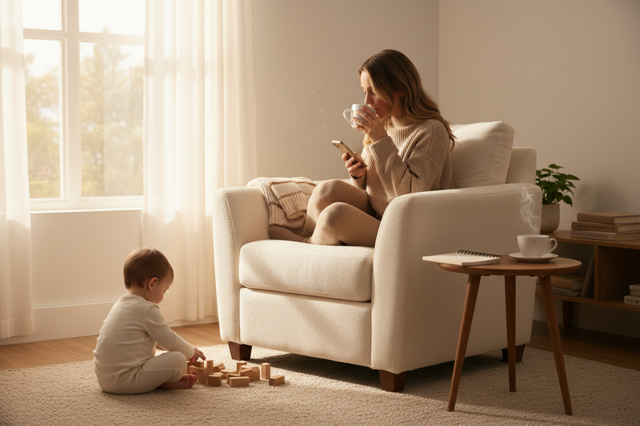 A peaceful corner of a family home with a chair, a folded sweater, and a small side table holding a notebook and cup of tea. Early morning or late afternoon light, cozy and reassuring atmosphere. Neutral color palette, lifestyle photography, no faces, no text. A toddler playing on the ground. A mother sitting on the chair on her phone and drinking the coffee.
