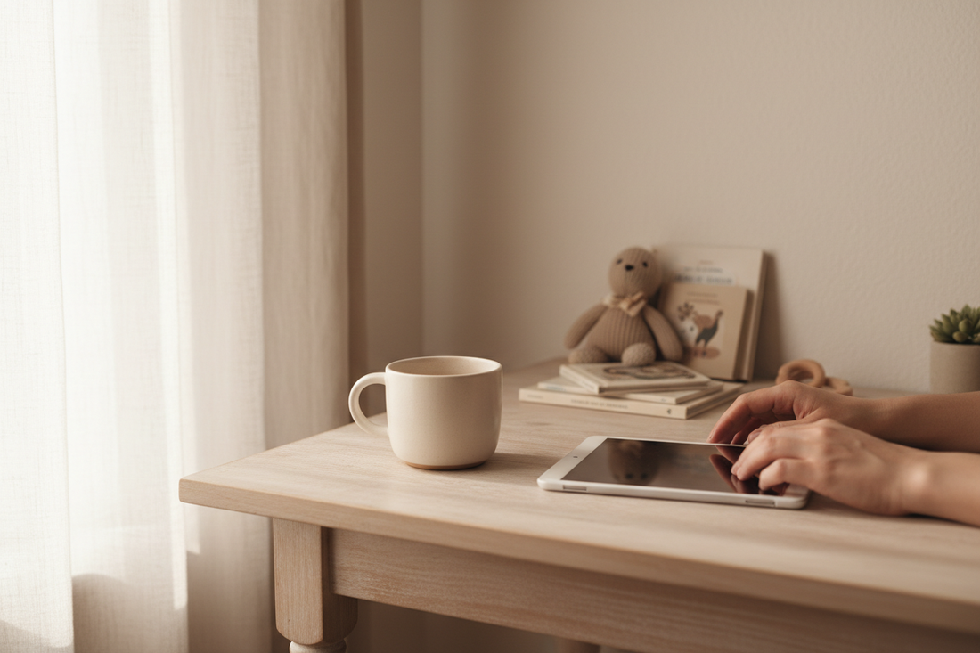 A soft, welcoming lifestyle scene showing a calm corner of a family home. A parent’s hands rest near a laptop or tablet on a light wood table, with a warm cup nearby and a small stack of thoughtfully chosen kids essentials in the background. Natural daylight, neutral tones, soft beige and warm whites. The atmosphere feels peaceful, organized, and unrushed. No faces visible, no text, no logos. Minimal, modern, Scandinavian-inspired aesthetic. Editorial photography style, shallow depth of field.