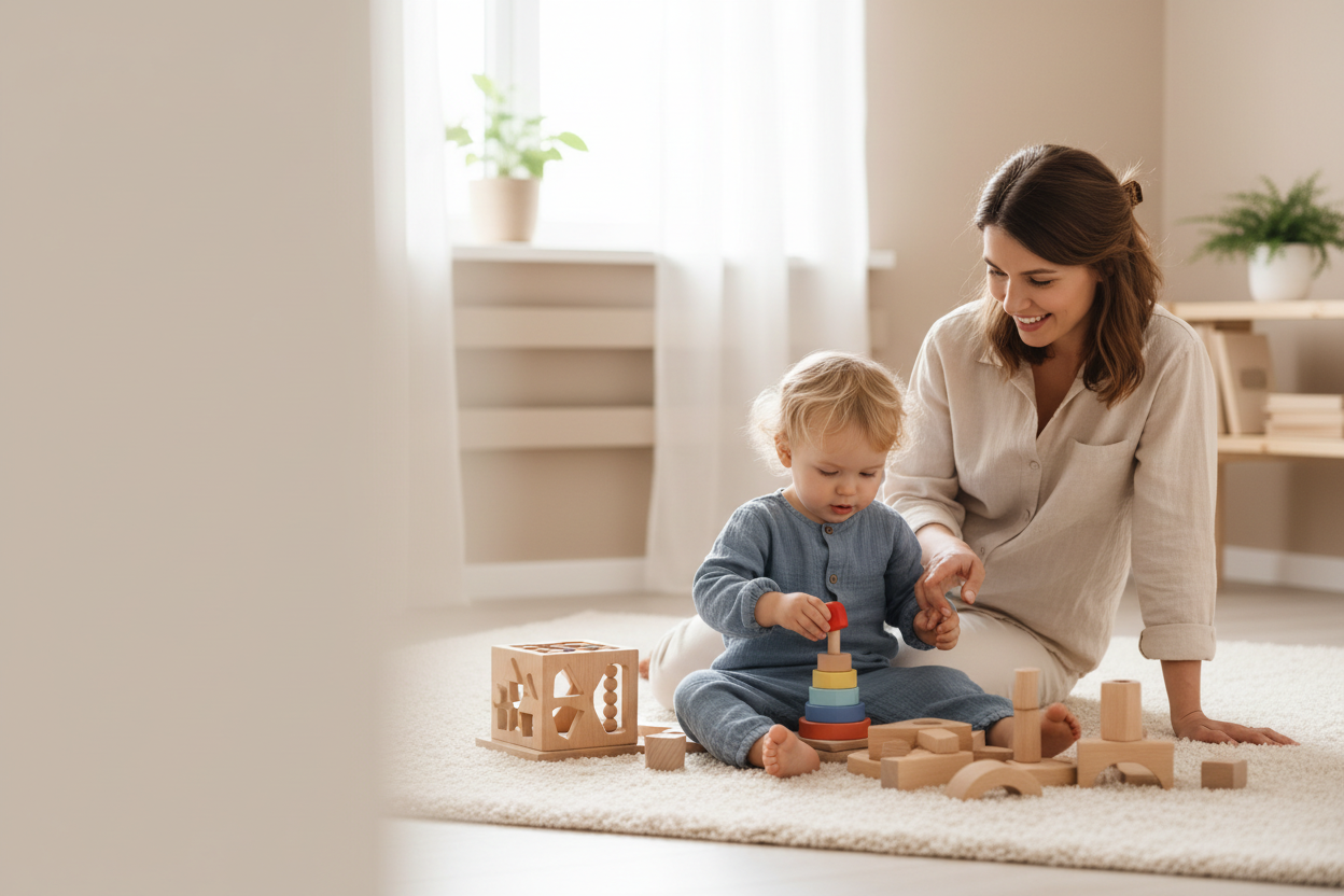 create a banner image for the here for my collections. This should reflect a toddler playing with montessori toys and a mother engaging with him