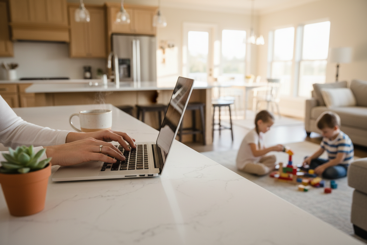 create a image with a female mom hand typing on a computer on the kitchen counter with kids playing in the very back of the scene. Calm, approachable atmosphere.