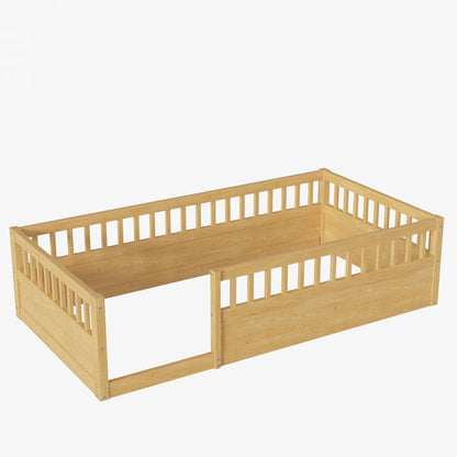 Twin Montessori Floor Bed With High Safety Rails Natural