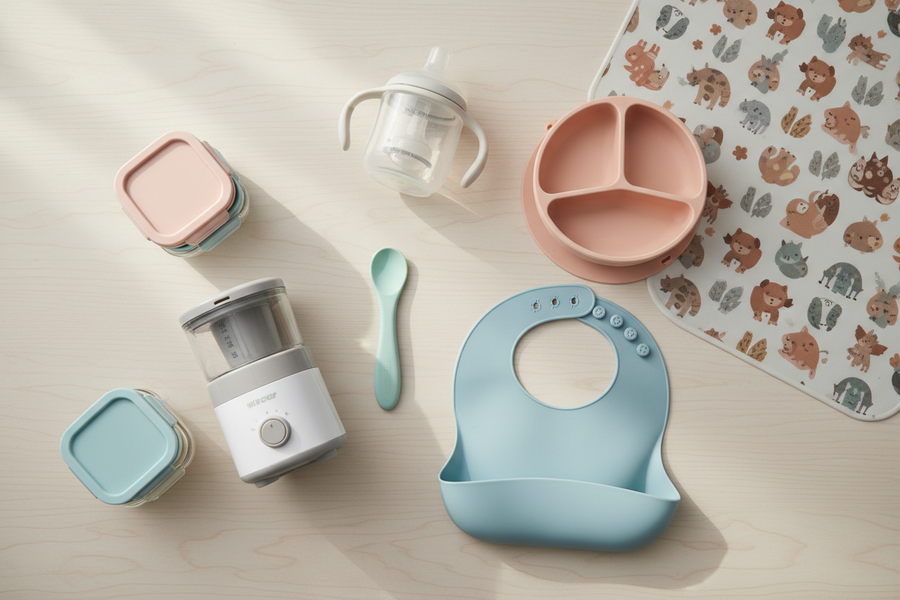 provide me a image that has the essentials to start solids for a baby